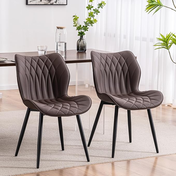 YOUNIKE Dining Chairs Set of 2, Upholstered Leather Dining Room Chairs, Modern Kitchen Chairs Living Room Bedroom Side Chairs with Wide Curved Back and Adjustable Metal Legs, Espresso Brown - LeafyLoom