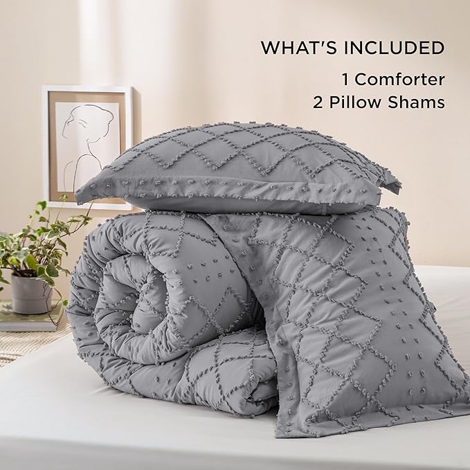 Bedsure California King Comforter Set - Grey Comforter, Boho Tufted Shabby Chic Bedding Comforter Set, 3 Pieces Farmhouse Bed Set for All Seasons, Fluffy Soft Bedding Set with 2 Pillow Shams - LeafyLoom