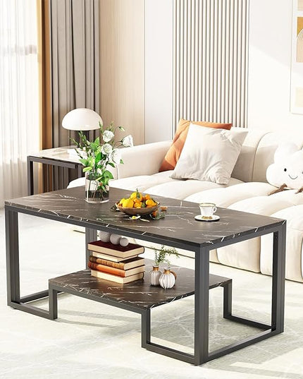 Coffee Table Black Table for Living Room,2 Tiers Rectangle Center Table with Sturdy Metal Frame,Modern Black Faux Marble Coffee Table for Bedroom Home Office - LeafyLoom