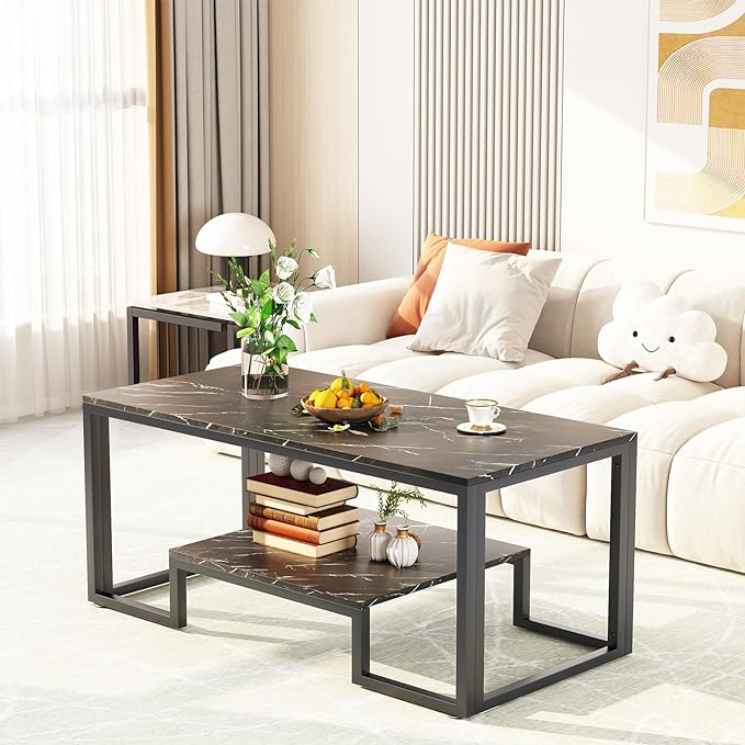 Coffee Table Black Table for Living Room,2 Tiers Rectangle Center Table with Sturdy Metal Frame,Modern Black Faux Marble Coffee Table for Bedroom Home Office - LeafyLoom