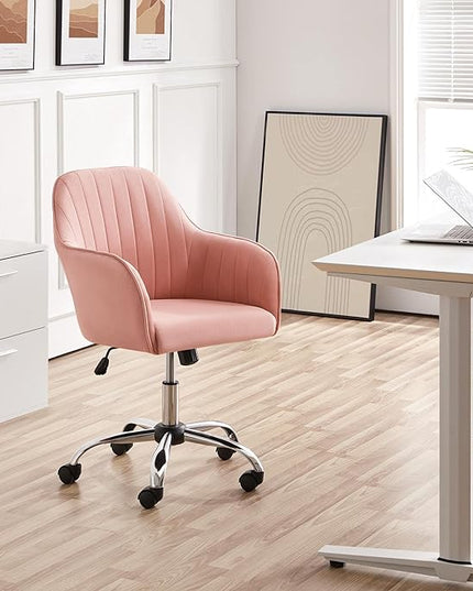 Yaheetech Velvet Vanity Chair Makeup Chair Cute Office Chair Aesthetic Desk Chair Height Adjustable Task Chairs 360° Swivel Computer Chair Living Room Chairs with Arms&Stainless Base Accent Pink - LeafyLoom