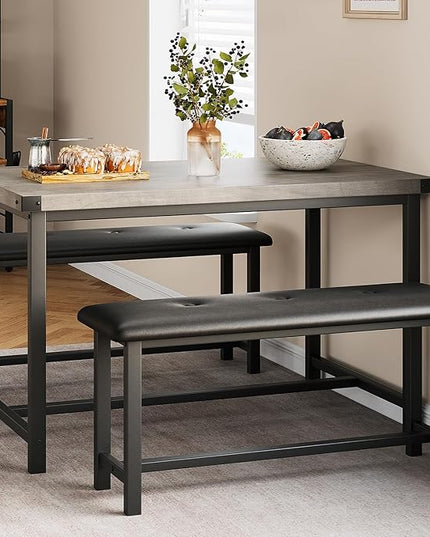 Kitchen Table with Benches, Dining Table Set for 4, Rectangular Dining Room Table Set with 2 Upholstered Benches, 3 Piece Kitchen Table Set for Small Space, Apartment, Studio, Retro Gray - LeafyLoom