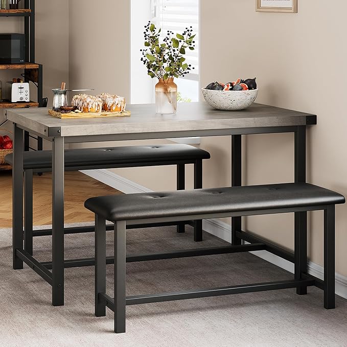 Kitchen Table with Benches, Dining Table Set for 4, Rectangular Dining Room Table Set with 2 Upholstered Benches, 3 Piece Kitchen Table Set for Small Space, Apartment, Studio, Retro Gray - LeafyLoom