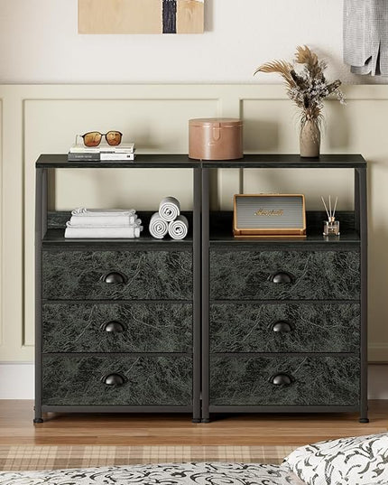Furnulem 3 Drawers Nightstand with 2-Tier Shelf, Fabric Small Dresser Organizer Storage Tower for Bedroom, Hallway, Night Stand End Table Side Furniture, Sturdy Steel Frame, Wood Top(Dark Green) - LeafyLoom