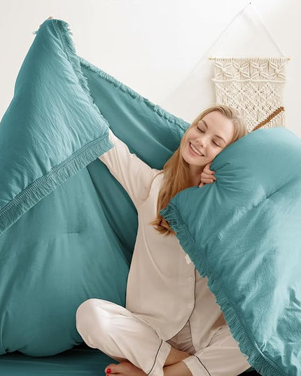 Andency Aqua Tassel Comforter Set Queen(90x90Inch), 3 Pieces(1 boho Comforter, 2 Pillowcases) Farmhouse Shabby Chic Comforter Set, Soft Microfiber Lightweight Fringe Bedding Comforter Set - LeafyLoom