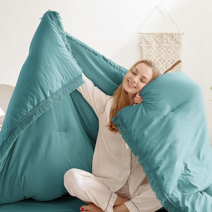 Andency Aqua Tassel Comforter Set Queen(90x90Inch), 3 Pieces(1 boho Comforter, 2 Pillowcases) Farmhouse Shabby Chic Comforter Set, Soft Microfiber Lightweight Fringe Bedding Comforter Set - LeafyLoom