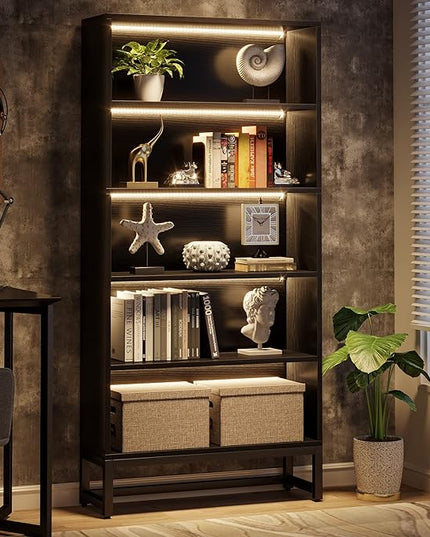 Tribesigns Tall Bookcase Black Bookshelf, 70.8” Large Bookcases Organizer with LED Lights, Heavy Duty Free-Standing Library Bookshelf with 5-Tier Storage Shelves for Living Room, Bedroom (Black) - LeafyLoom