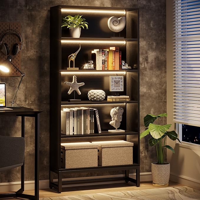 Tribesigns Tall Bookcase Black Bookshelf, 70.8” Large Bookcases Organizer with LED Lights, Heavy Duty Free-Standing Library Bookshelf with 5-Tier Storage Shelves for Living Room, Bedroom (Black) - LeafyLoom
