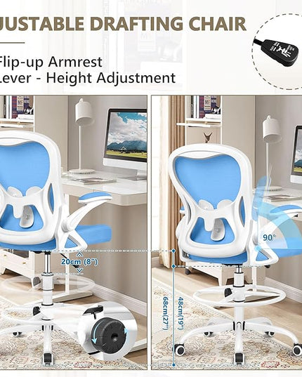 Drafting Chair, Tall Office Chair Ergonomic Standing Desk chair, Lumbar Support Computer Chair Swivel Task Rolling Chair with Adjustable Flip-up Armrests & Foot Ring (Sky Blue) - LeafyLoom