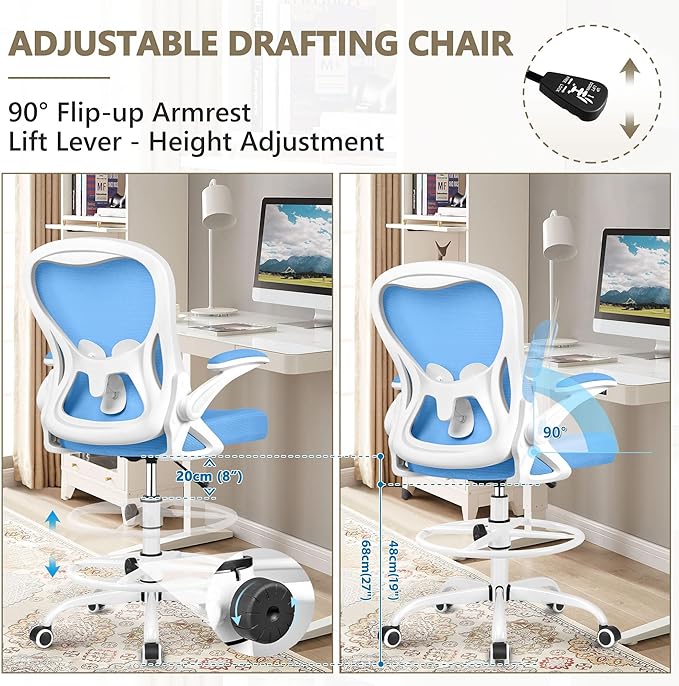 Drafting Chair, Tall Office Chair Ergonomic Standing Desk chair, Lumbar Support Computer Chair Swivel Task Rolling Chair with Adjustable Flip-up Armrests & Foot Ring (Sky Blue) - LeafyLoom