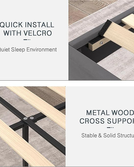 VECELO Twin Size Platform Bed Frame with Height Adjustable Upholstered Headboard, Modern Mattress Foundation,Strong Wood Slat Support, No Box Spring Needed, Easy Assembly - LeafyLoom