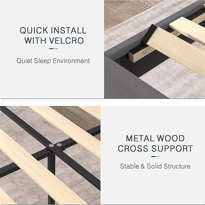 VECELO Queen Size Platform Bed Frame with Height Adjustable Upholstered Headboard, Modern Mattress Foundation,Strong Wood Slat Support, No Box Spring Needed, Easy Assembly - LeafyLoom