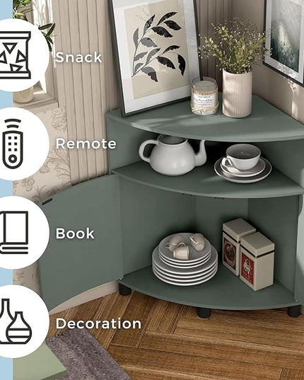 Berg Modern 31-inch 16 Colors LED Corner Cabinet with Doors and 2 Shelves, USB Charge Cord, Small TV Stand for Living Room, Home Office, Sage Green - LeafyLoom