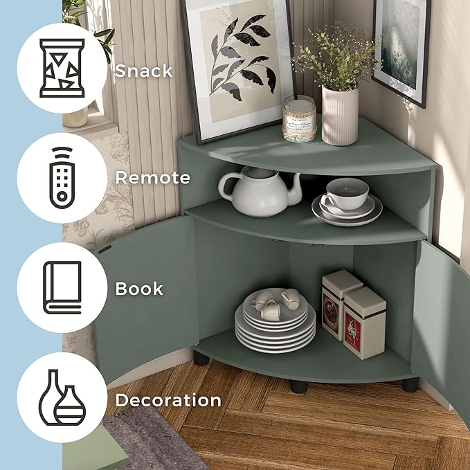 Berg Modern 31-inch 16 Colors LED Corner Cabinet with Doors and 2 Shelves, USB Charge Cord, Small TV Stand for Living Room, Home Office, Sage Green - LeafyLoom