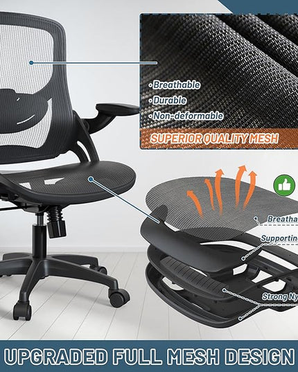 Mesh Home Office Computer Desk Chair Height Adjustable Lumbar Support with Flip Up Arms Swivel Wheels for Adult, Mid Back, black - LeafyLoom