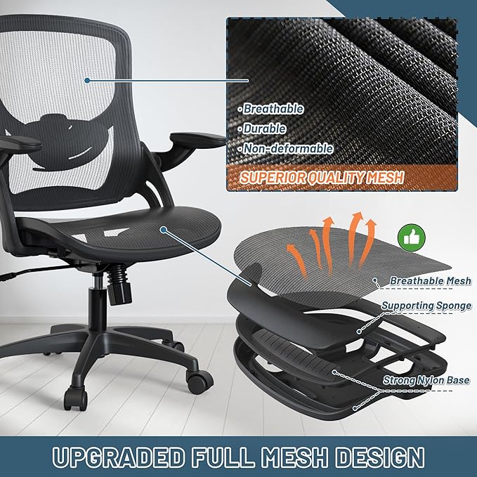 Mesh Home Office Computer Desk Chair Height Adjustable Lumbar Support with Flip Up Arms Swivel Wheels for Adult, Mid Back, black - LeafyLoom