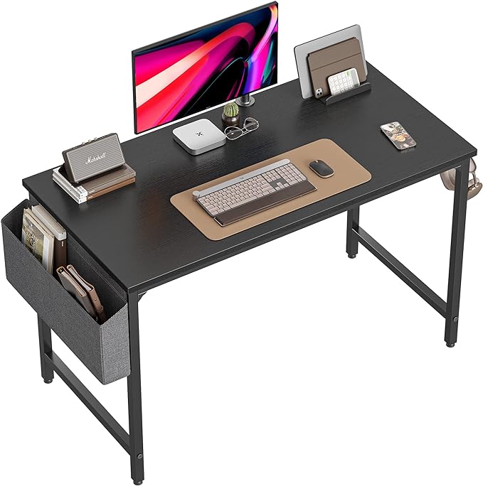 CubiCubi Computer Desk 47" Study Writing Table for Home Office, Modern Simple Style PC Desk, Black Metal Frame, Black - LeafyLoom
