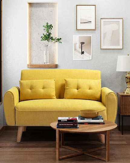 Shintenchi 47" Small Modern Loveseat Couch Sofa, Fabric Upholstered 2-Seat Sofa, Love Seat Furniture with 2 Pillows, Wood Leg for Small Space, Living Room, Bedroom, Apartment, Yellow - LeafyLoom