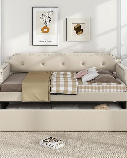 Twin Size Upholstered Daybed with Trundle, Wooden Day Sofa Bed Frame for Bedroom Living Guest Room, Wood Slat Support, Space Saving, Beige - LeafyLoom