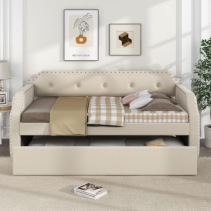 Twin Size Upholstered Daybed with Trundle, Wooden Day Sofa Bed Frame for Bedroom Living Guest Room, Wood Slat Support, Space Saving, Beige - LeafyLoom
