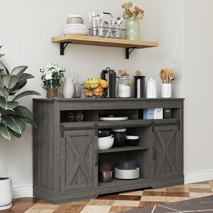 Farmhouse TV Stand with Sliding Barn Door for TVs up to 65+ Inch, 34" Tall Entertainment Center, Wood Media Console Storage Cabinet for Bedroom, Living Room, Dark Grey - LeafyLoom