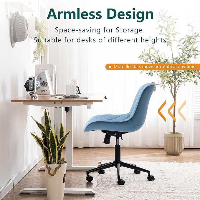 YOUNUOKE Office Chair Desk Chair with Wheels, Thick Upholstery Armless Computer Chair, Small Cute Office Chair Faux Leather Swivel Desk Chairs Task Chairs, Blue - LeafyLoom