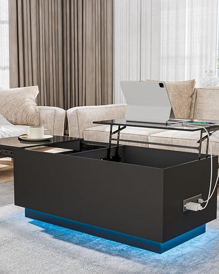 HOMMPA LED Coffee Table for Living Room Lift Top Coffee Tables with Power Outlet Black Morden Center Table with Storage Hidden Compartment High Gloss Lift Tabletop - LeafyLoom