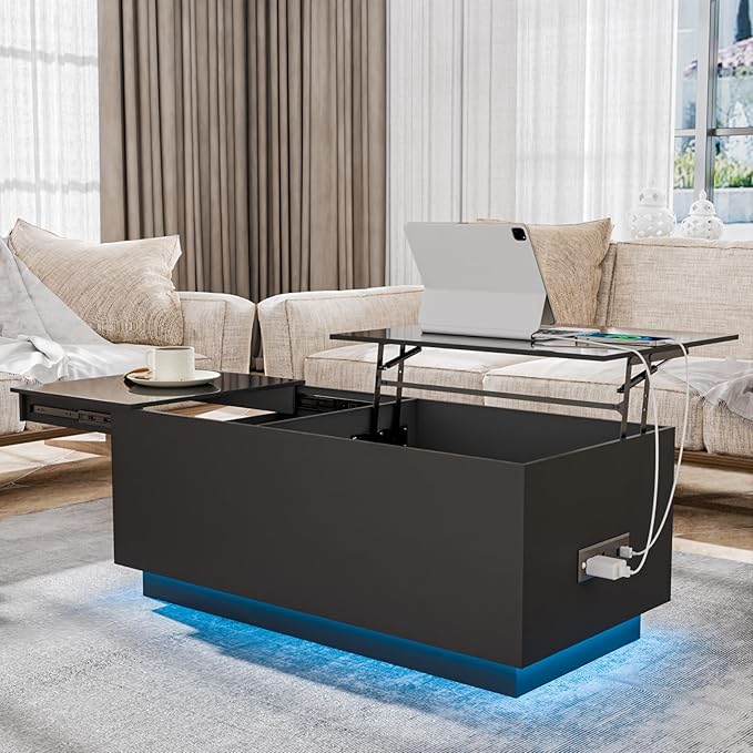 HOMMPA LED Coffee Table for Living Room Lift Top Coffee Tables with Power Outlet Black Morden Center Table with Storage Hidden Compartment High Gloss Lift Tabletop - LeafyLoom
