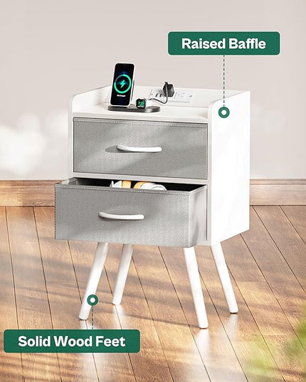 Night Stand with Charger Station, Nightstand with Drawers, Bedside Table, End Table with Solid Wood Feet, White Nightstand, Side Tables for Bedroom - LeafyLoom