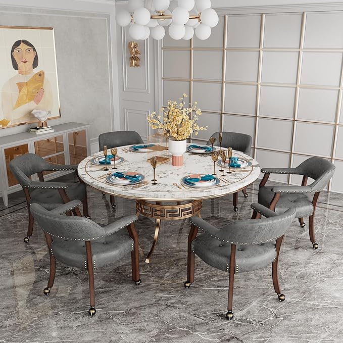 Dining Chairs with Casters and Arms, Large Rolling Dining Chairs with Wheels, Accent Wood Boss Caption's Chairs, 26" D x 25.2" W x 31.5" H, Cherry Legs & Dark Grey Fabric SY-1533-GY - LeafyLoom