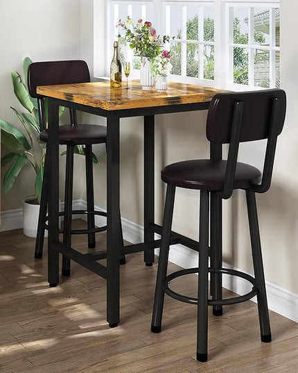 Recaceik 3 Piece Pub Dining Set, Modern bar Table and Stools for 2 Kitchen Counter Height Wood Top Bistro Easy Assemble for Breakfast Nook Living Room Small Space Restaurant, Rustic Brown 24” - LeafyLoom