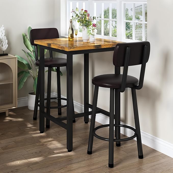 Recaceik 3 Piece Pub Dining Set, Modern bar Table and Stools for 2 Kitchen Counter Height Wood Top Bistro Easy Assemble for Breakfast Nook Living Room Small Space Restaurant, Rustic Brown 24” - LeafyLoom