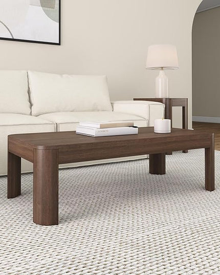 Plank+Beam Modern Rounded Coffee Table, 48 Inch, Solid Wood Contemporary Center Table for Living Room, Rectangle Tea Table, Walnut - LeafyLoom