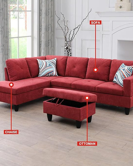 L-Shaped Sectional Couches with 66.5'' Chaise Lounge & Storage Ottoman Modular Room Sofas for Home Office Apartment, Large Living Furniture, 97'' Left Hand Facing, Red Flannelette - LeafyLoom