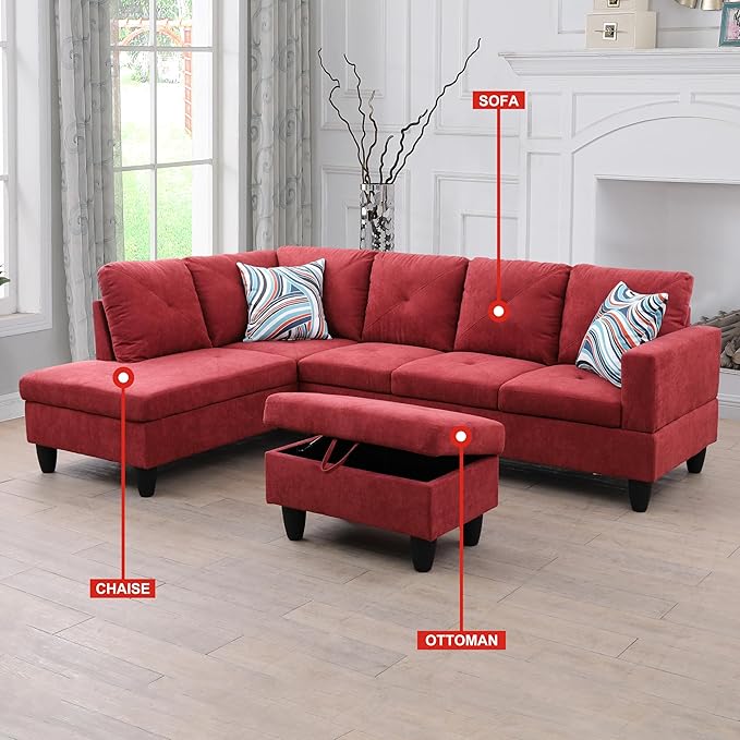 L-Shaped Sectional Couches with 66.5'' Chaise Lounge & Storage Ottoman Modular Room Sofas for Home Office Apartment, Large Living Furniture, 97'' Left Hand Facing, Red Flannelette - LeafyLoom