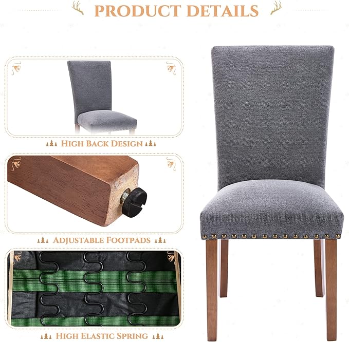 Parsons Dining Chairs Set of 4, Upholstered Nailhead Dining Room Kitchen Side Chair with Thick Cushions and Wood Legs, Dark Grey - LeafyLoom