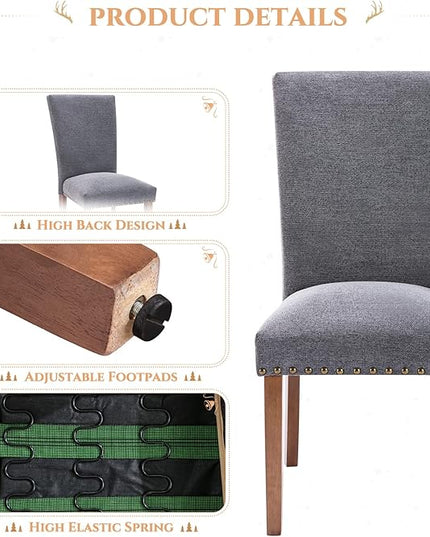 Parsons Dining Chairs Set of 2, Upholstered Nailhead Dining Room Kitchen Side Chair with Thick Cushions and Wood Legs, Dark Grey - LeafyLoom