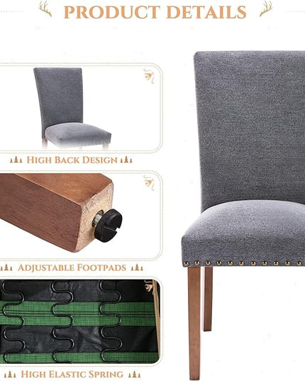 Parsons Dining Chairs Set of 6, Upholstered Nailhead Dining Room Kitchen Side Chair with Thick Cushions and Wood Legs, Dark Grey - LeafyLoom