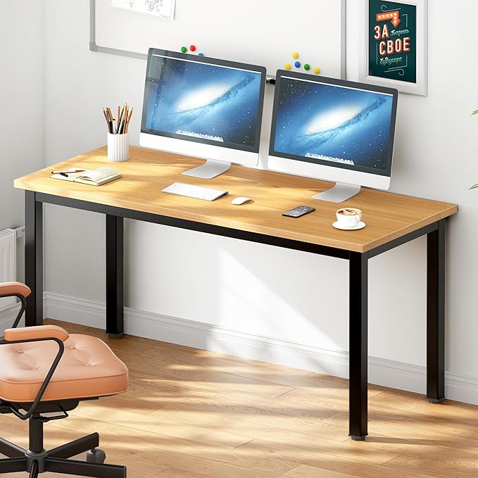 DlandHome 55 inches Large Computer Desk, Composite Wood Board, Decent and Steady Home Office Desk/Workstation/Table, BS1-140TB Teak and Black Legs, 1 Pack - LeafyLoom