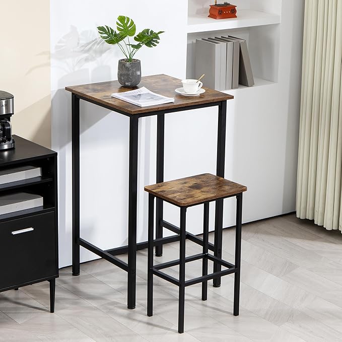 Finnhomy Bar Table, 23.6" Pub Table High Top Table, Square Bar Height Table, Counter Height Cocktail Table, Small Kitchen Table Set for 2, Breakfast for Kitchen, Living Room, Rustic Brown - LeafyLoom