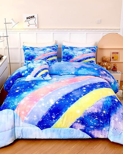 6Pcs Rainbow Girls Comforter Sets Full Size Blue Tie Dye Bed in A Bag for Kids/Teens Sparkle Galaxy Bedding Comforter Set Soft Lightweight Girls Bedding Sets for All Season - LeafyLoom