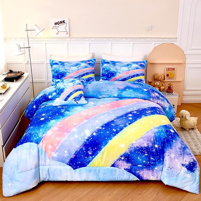 6Pcs Rainbow Girls Comforter Sets Full Size Blue Tie Dye Bed in A Bag for Kids/Teens Sparkle Galaxy Bedding Comforter Set Soft Lightweight Girls Bedding Sets for All Season - LeafyLoom