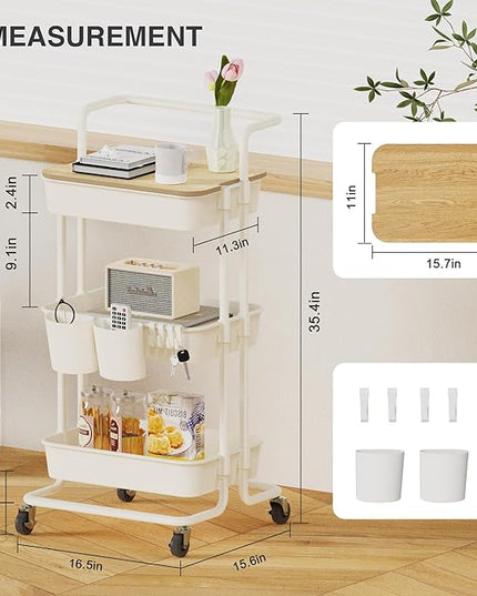 DTK 3 Tier Rolling Utility Cart with Cover Top Board, Movable Kitchen Storage Cart Trolley with Lockable Wheels, Cups, Hooks for Kitchen Bathroom Home Office Art Craft Storage and Organization(White) - LeafyLoom