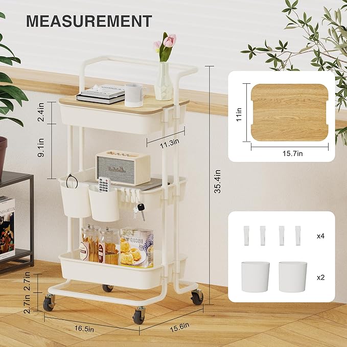 DTK 3 Tier Rolling Utility Cart with Cover Top Board, Movable Kitchen Storage Cart Trolley with Lockable Wheels, Cups, Hooks for Kitchen Bathroom Home Office Art Craft Storage and Organization(White) - LeafyLoom
