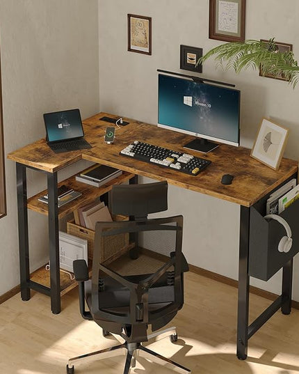 Small L Shaped Desk with Power Outlet Shelves, 40 Inch Corner Desk for Small Space Home Office, Study Work Computer Desks with Charging Station, Rustic Brown - LeafyLoom