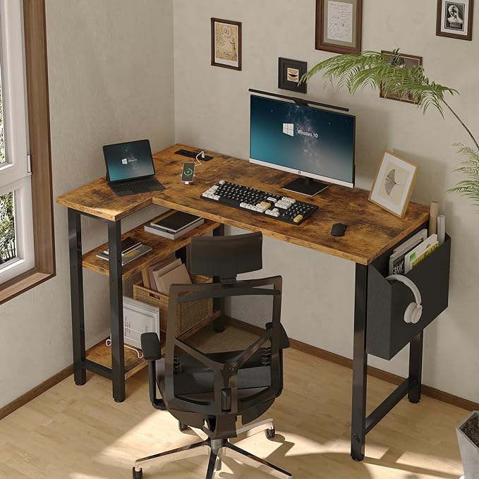 Small L Shaped Desk with Power Outlet Shelves, 40 Inch Corner Desk for Small Space Home Office, Study Work Computer Desks with Charging Station, Rustic Brown - LeafyLoom
