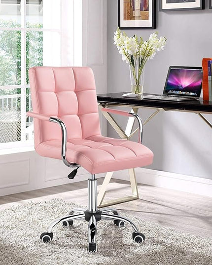 Yaheetech Desk Chairs with Wheels/Armrests Modern PU Leather Office Chair Height Adjustable Home Computer Executive Chair on Wheels 360° Swivel - Pink - LeafyLoom