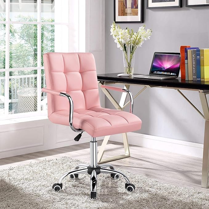 Yaheetech Desk Chairs with Wheels/Armrests Modern PU Leather Office Chair Height Adjustable Home Computer Executive Chair on Wheels 360° Swivel - Pink - LeafyLoom