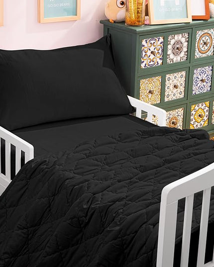 NTBAY Toddler Bedding Set - 4 Piece Soft and Breathable Crib Bedding Set for Boys and Girls, Includes Quilted Comforter, Fitted Sheet, Flat Top Sheet and Envelope Pillowcase, Black - LeafyLoom