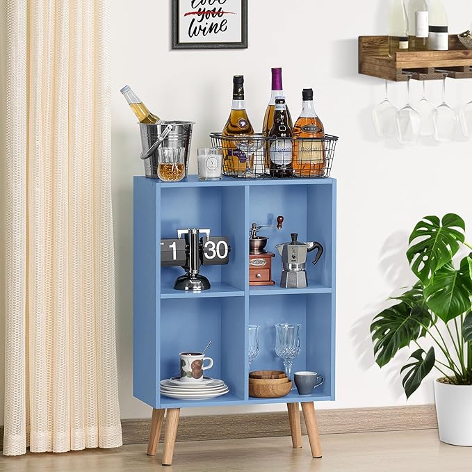 YAHARBO 4 Cube Bookshelf, Blue Small Kids Book Shelf with Cubby Storage,Wooden Modern Bookcase with Legs,2 Tier Freestanding Display Book Case Organizer,Bookshelves for Office,Nursery,Playroom - LeafyLoom